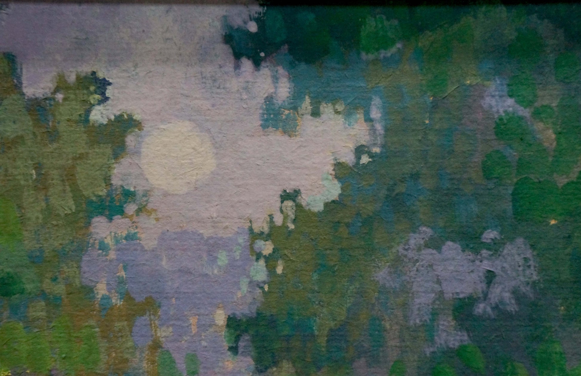 Oil painting Girl at the Pond abstract greens purples whites brushstrokes