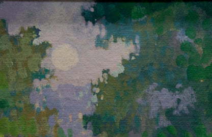 Oil painting Girl at the Pond abstract greens purples whites brushstrokes