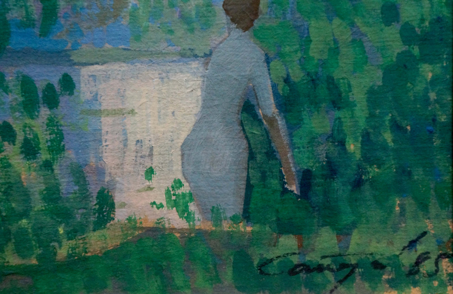 Oil painting of girl at pond: woman in light gray dress amid lush green foliage