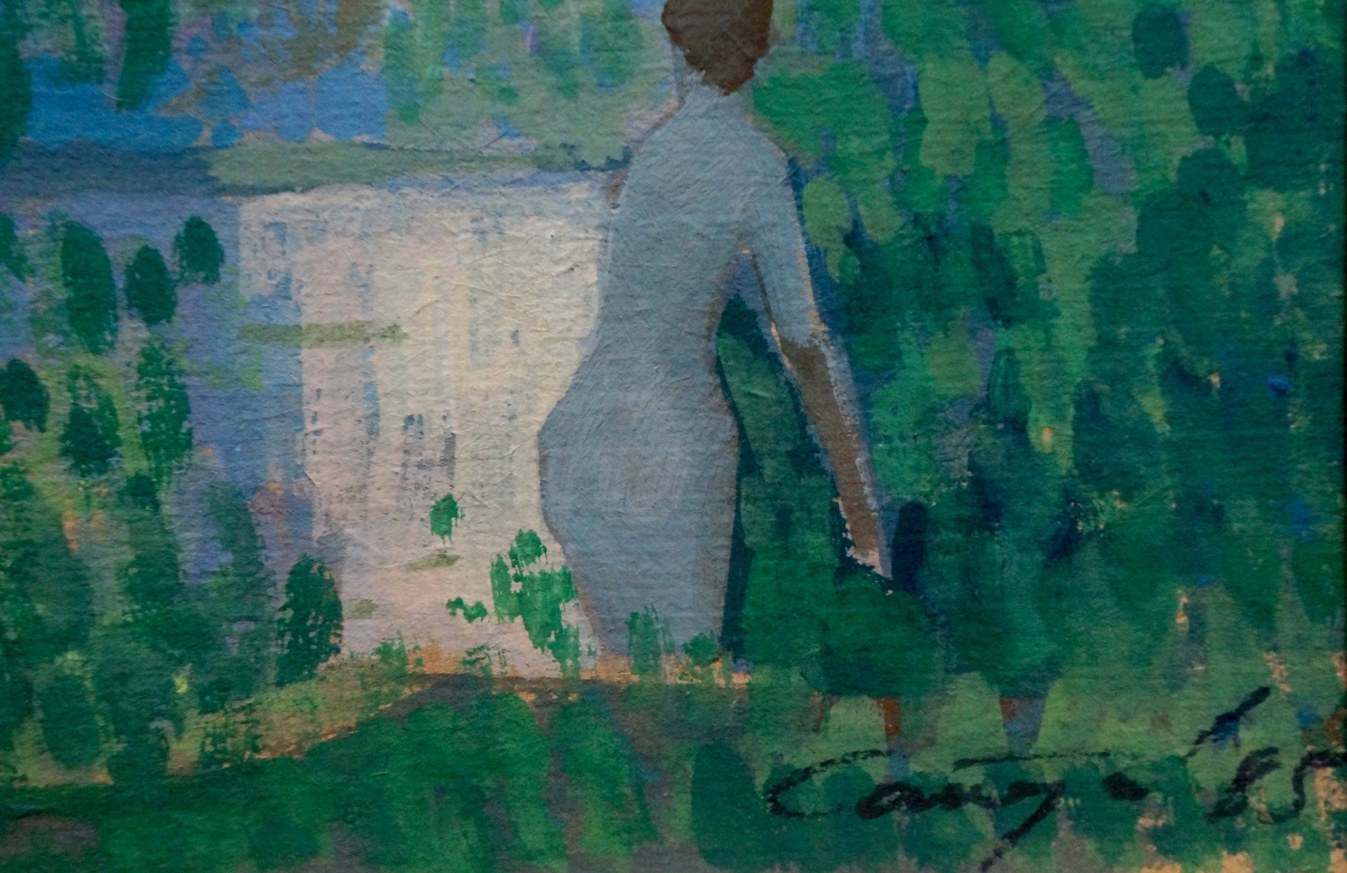 Oil painting of girl at pond: woman in light gray dress amid lush green foliage