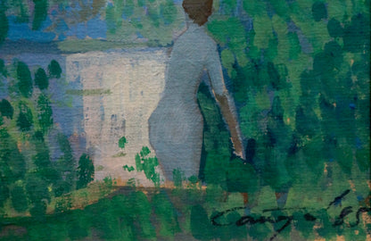 Oil painting of girl at pond: woman in light gray dress amid lush green foliage
