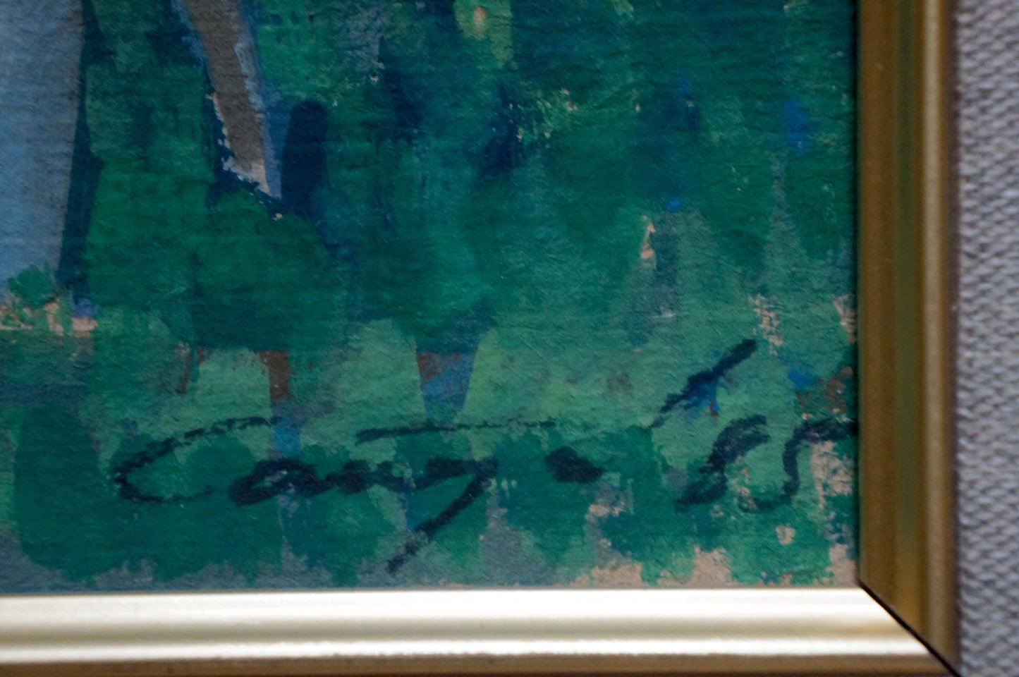 Framed abstract oil painting Girl at the Pond with green blue brushstrokes