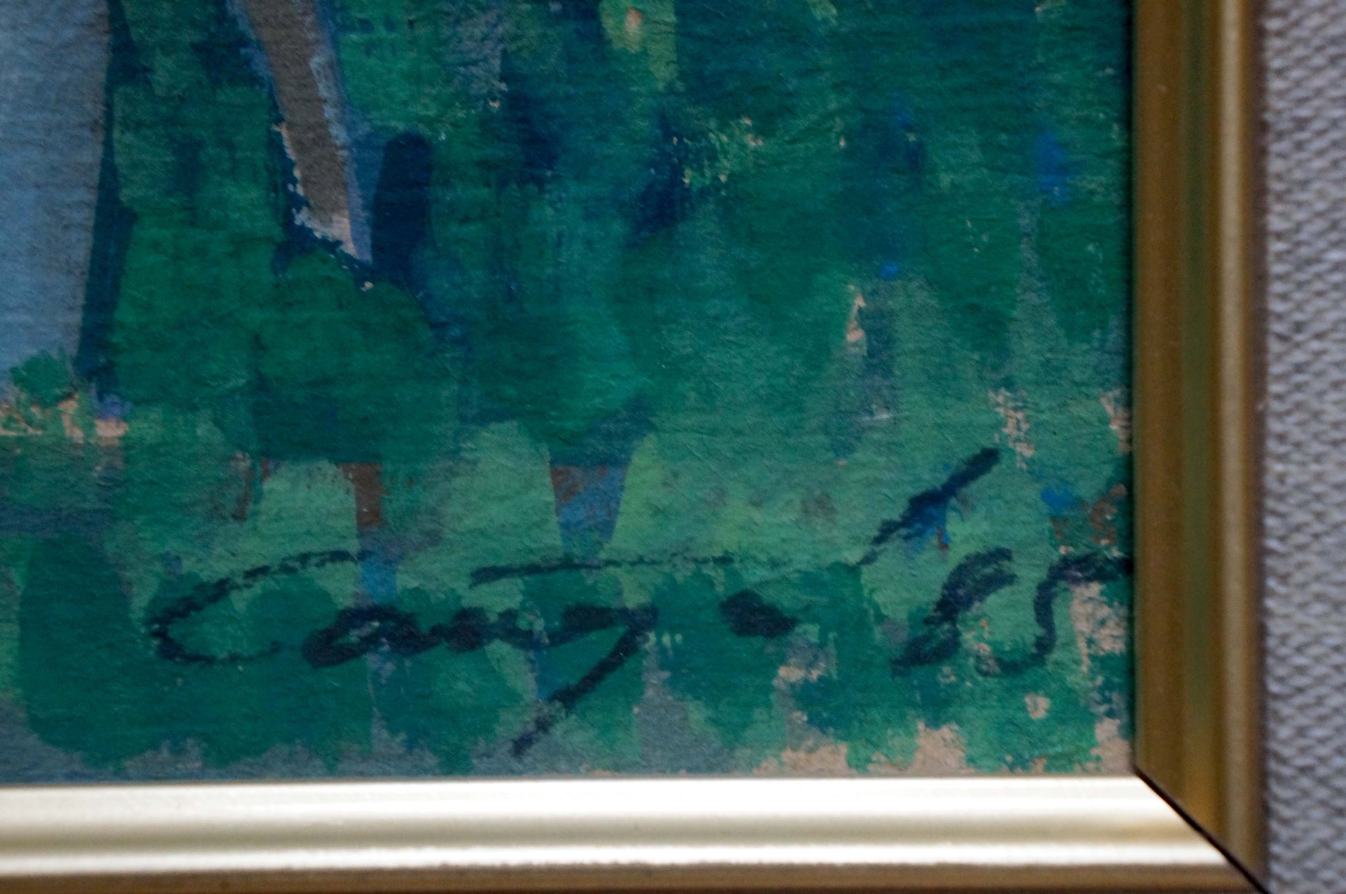 Framed abstract oil painting Girl at the Pond with green blue brushstrokes