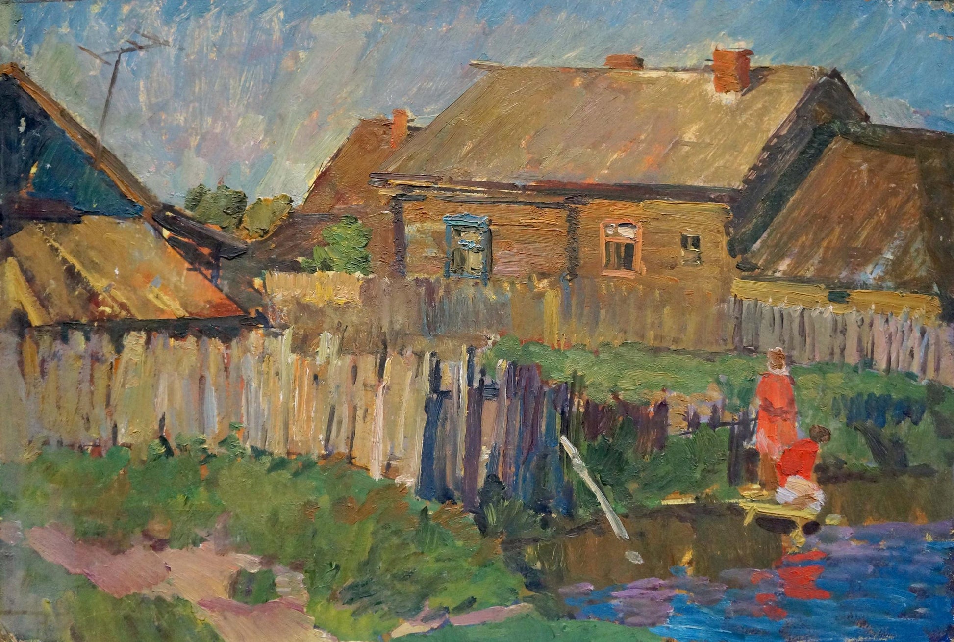 Oil painting Evening by Baumeister Oleg Viktorovich: rustic thatched house