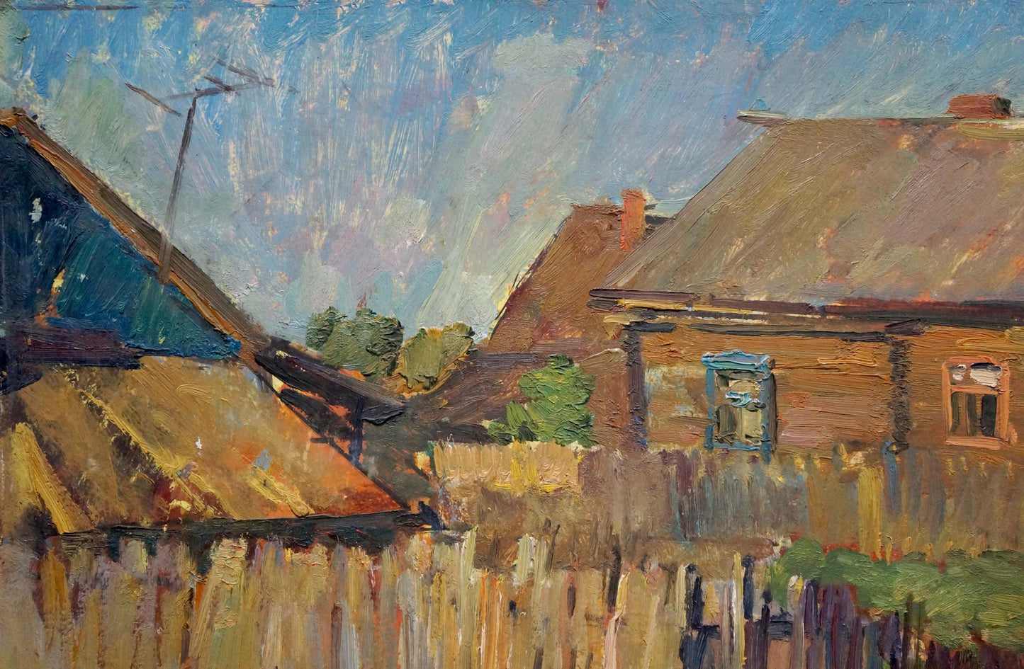 Oil painting Evening by Baumeister Oleg Viktorovich: rustic wooden house