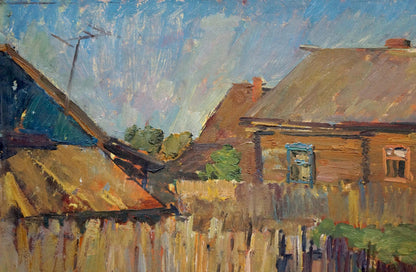 Oil painting Evening by Baumeister Oleg Viktorovich: rustic wooden house