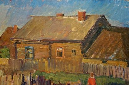 Oil painting by Oleg Viktorovich Baumeister: rustic wooden house with thatched roof