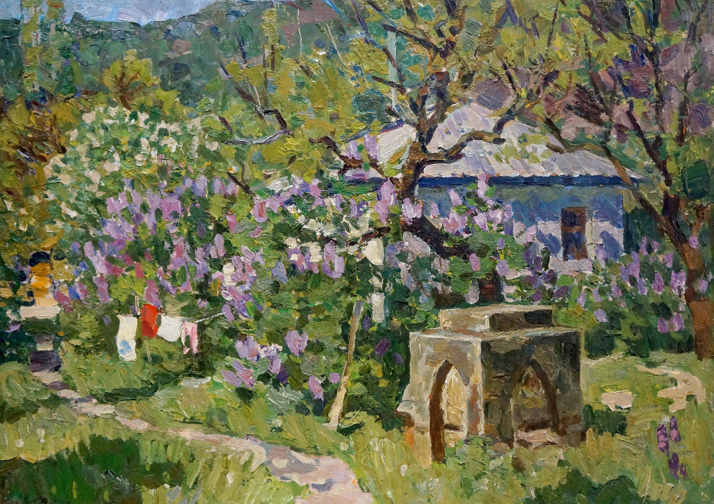 Oil painting by Fomin Anatoly Nikiforovich: stone well in lush garden