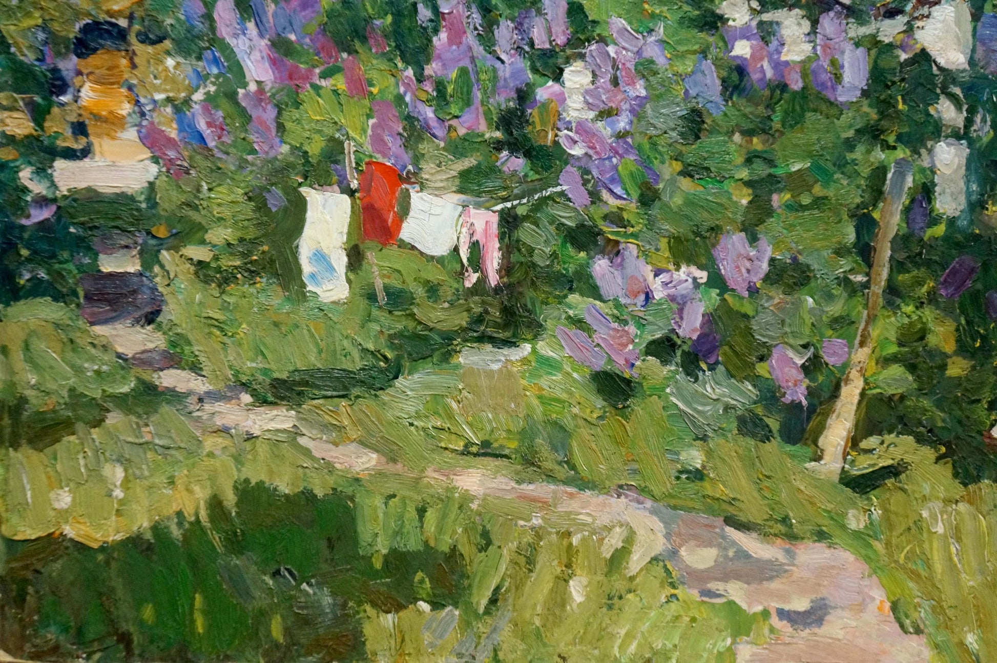 Vibrant impressionistic oil painting by Fomin Anatoly Nikiforovich of garden courtyard with purple bushes and clothesline
