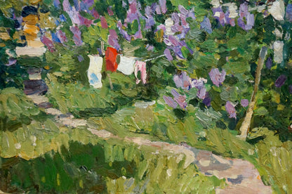 Vibrant impressionistic oil painting by Fomin Anatoly Nikiforovich of garden courtyard with purple bushes and clothesline