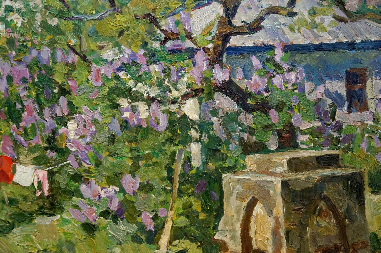 Oil painting of Fomin Anatoly Nikiforovich courtyard landscape with flowering tree