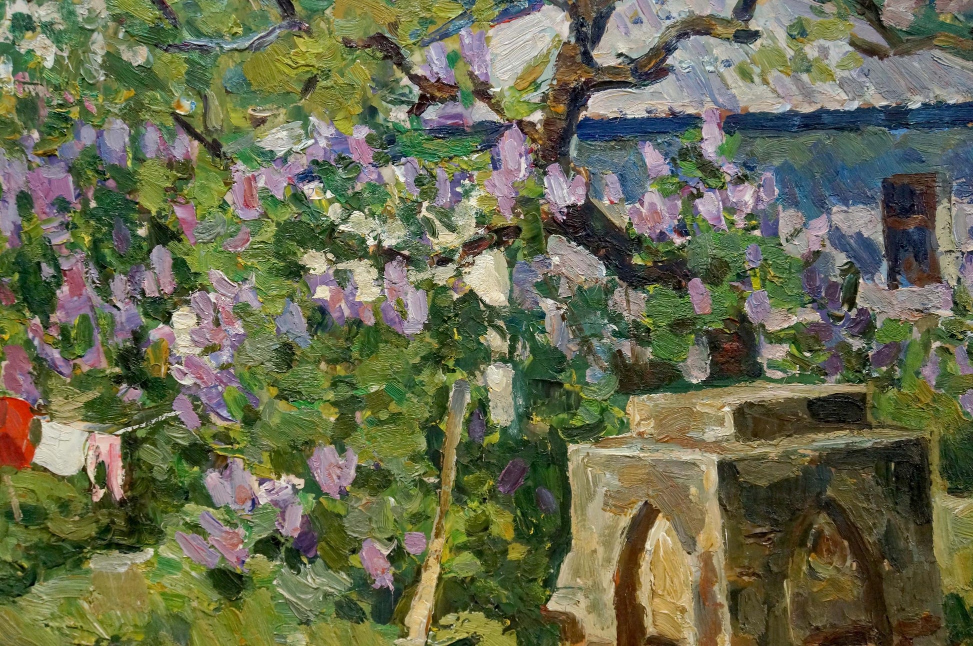 Oil painting of Fomin Anatoly Nikiforovich courtyard landscape with flowering tree