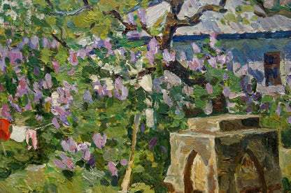 Oil painting of Fomin Anatoly Nikiforovich courtyard landscape with flowering tree