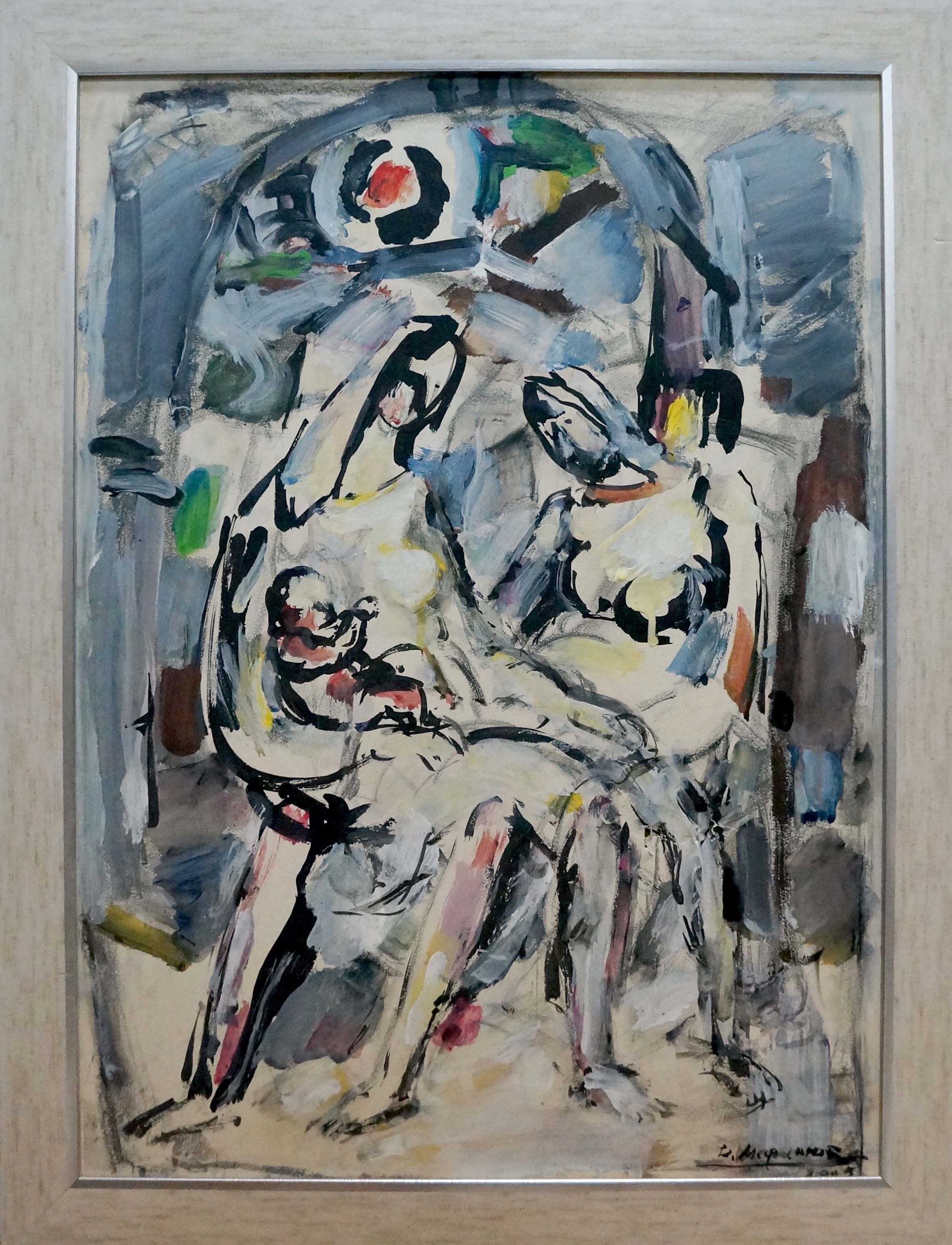 Abstract expressionist painting of two women by Marinyuk Victor Vasilievich in light wood frame