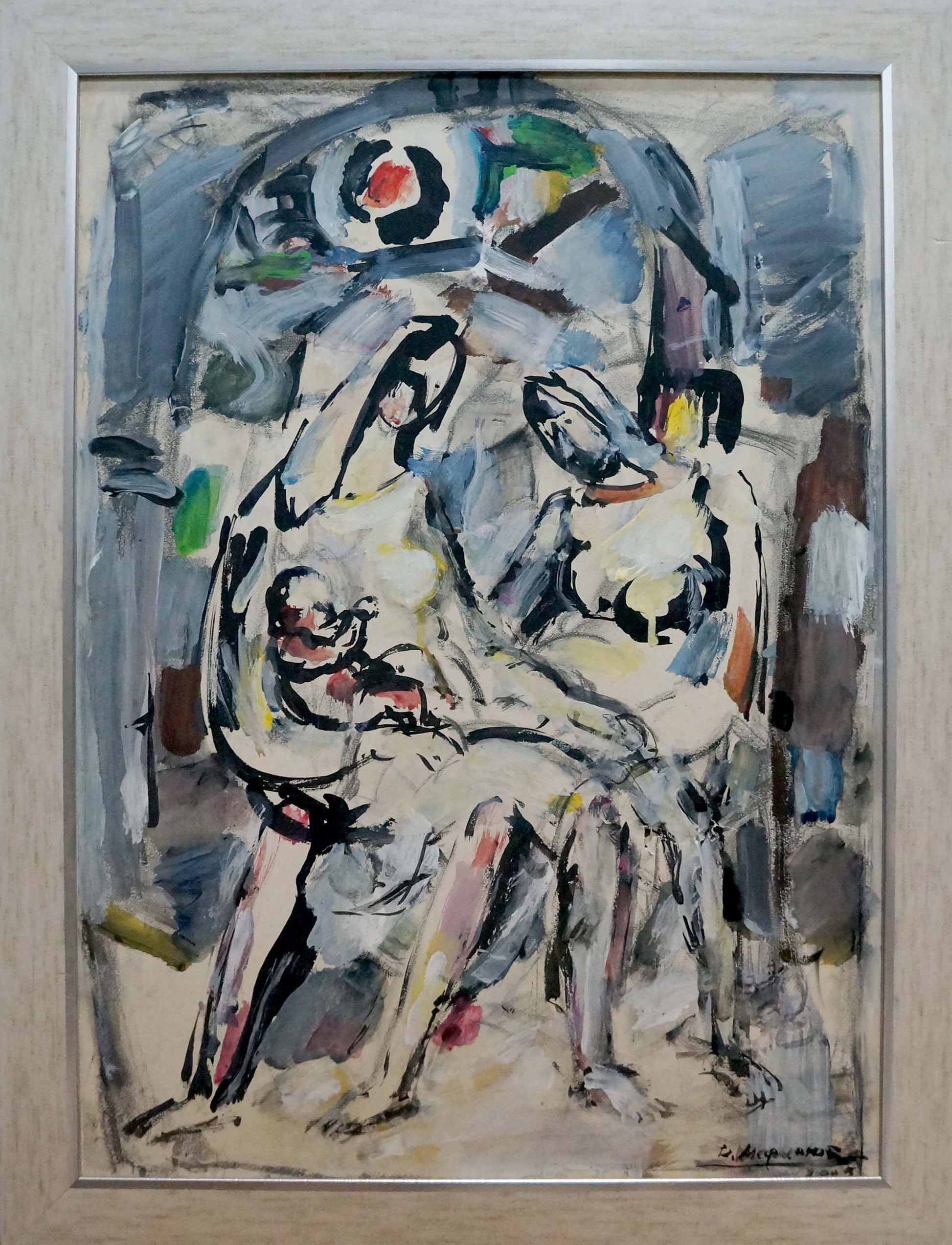 Abstract expressionist painting of two women by Marinyuk Victor Vasilievich in light wood frame