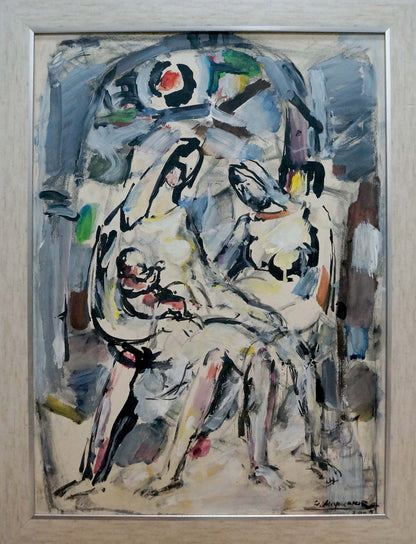 Abstract expressionist painting of two women by Marinyuk Victor Vasilievich in light wood frame