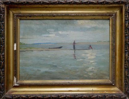 Antique gold-framed oil painting of serene riverbank fishing with boat