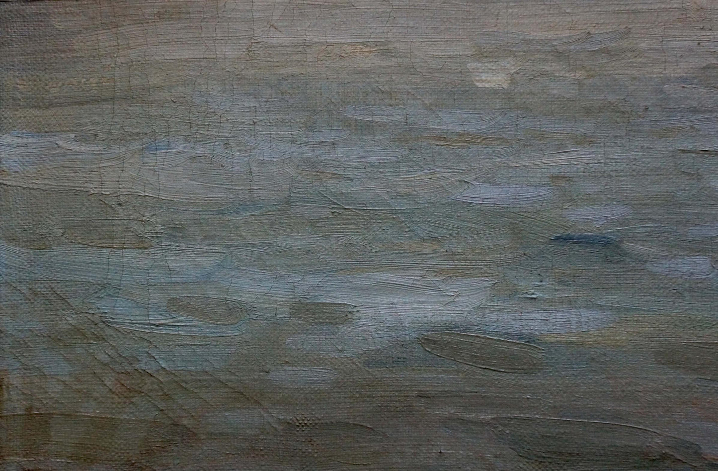 Abstract textured oil painting of riverbank fishing in muted blues and grays