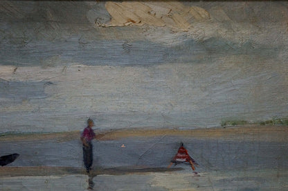 Muted oil painting of solitary dark-clad figure fishing riverbank under overcast sky