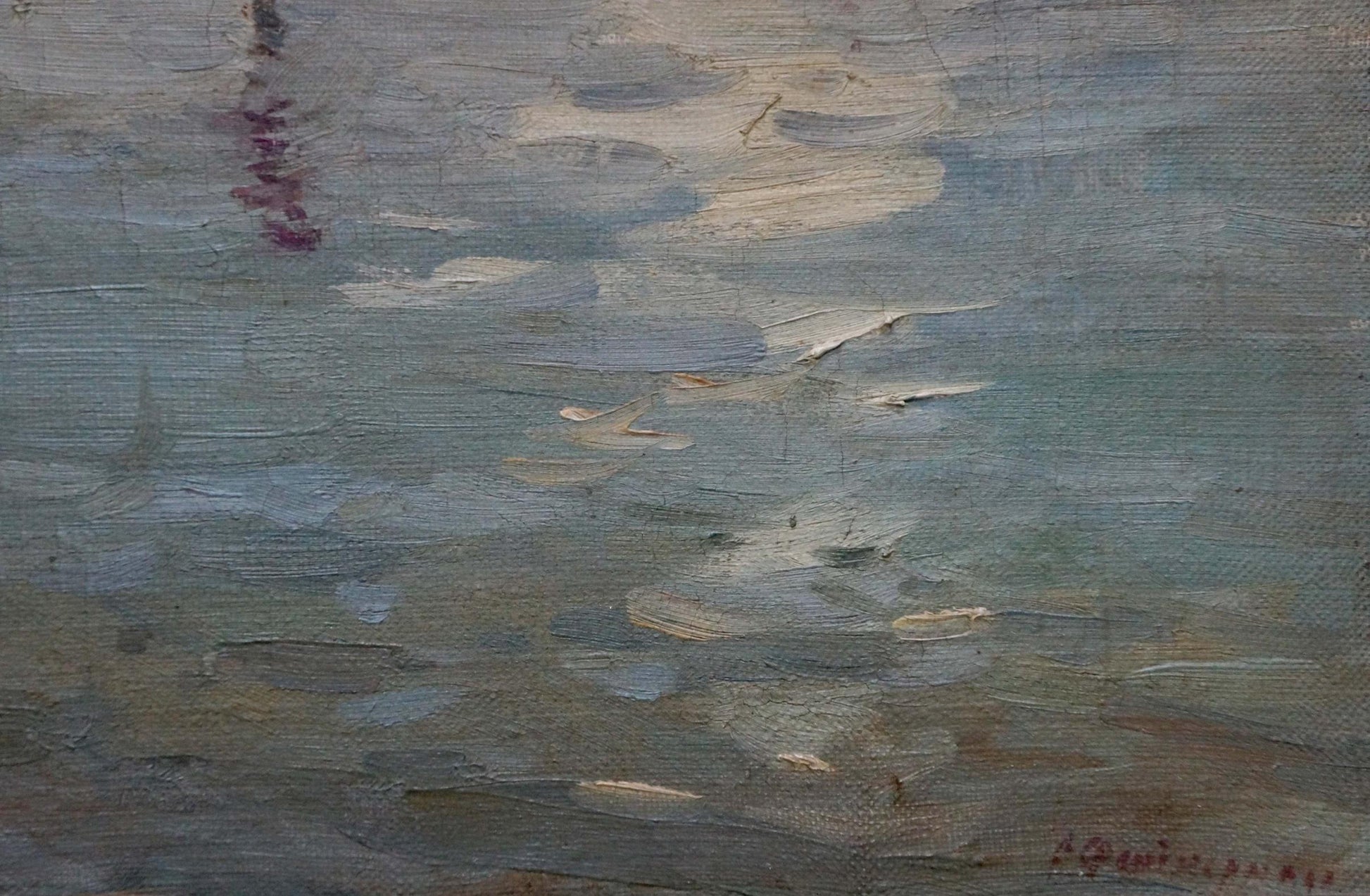 Oil painting of serene riverbank fishing scene in blues and grays