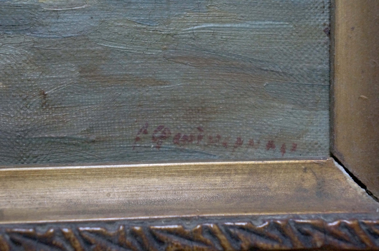 Signed oil painting Riverbank Fishing Experience in ornate gold frame