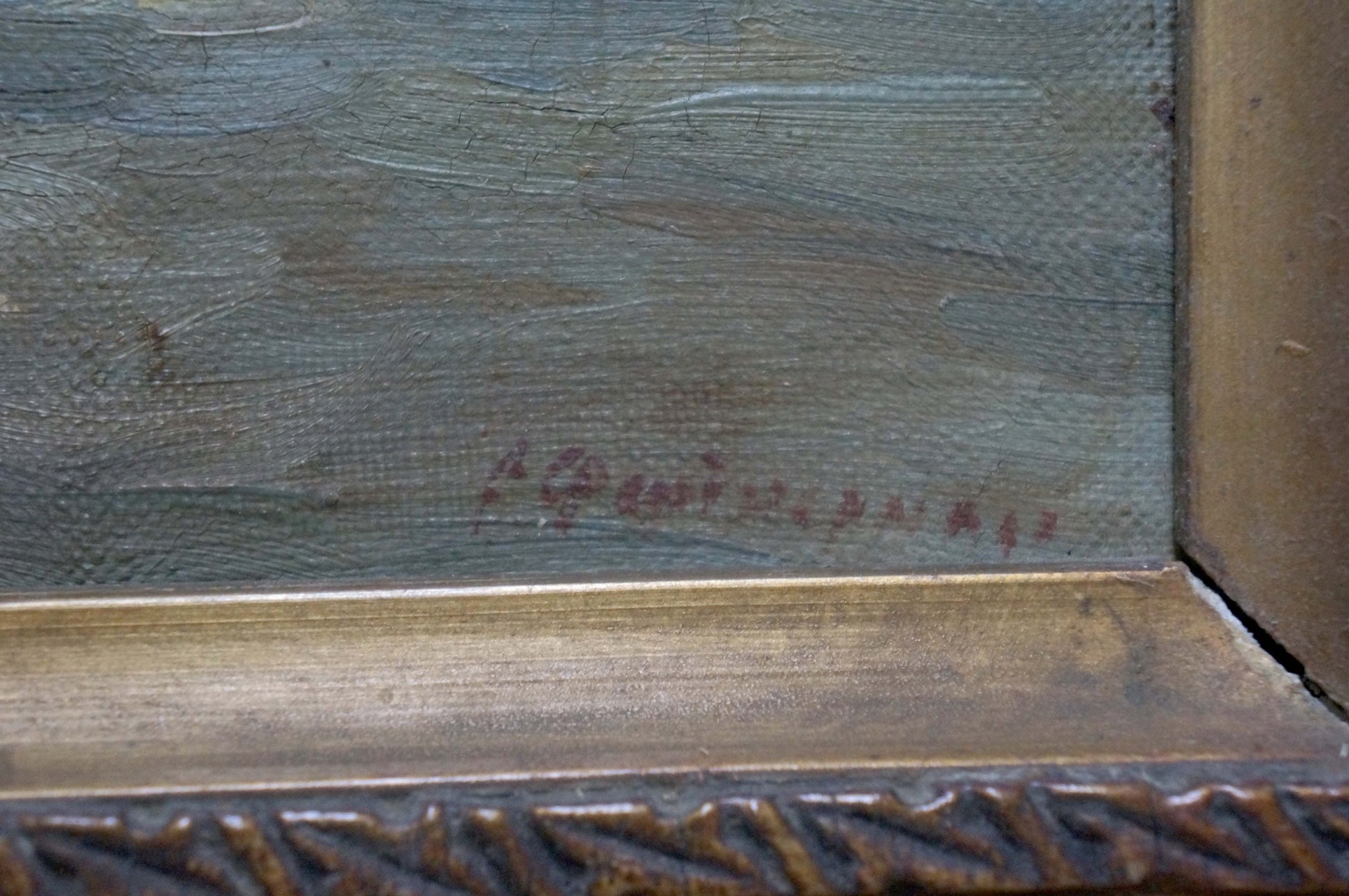 Signed oil painting Riverbank Fishing Experience in ornate gold frame