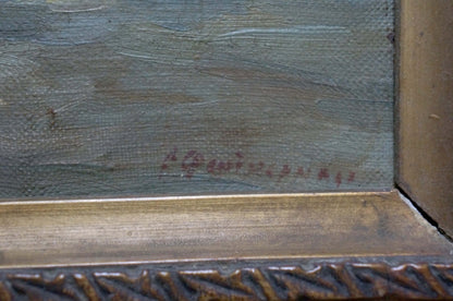 Signed oil painting Riverbank Fishing Experience in ornate gold frame