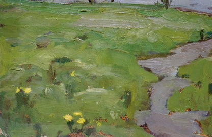 Oil painting Spring on the Dnieper by Petrov Georgy Petrovich, green field with yellow flowers