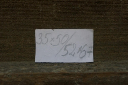 Back of Oil painting Riverbank Fishing Experience label with handwritten measurements