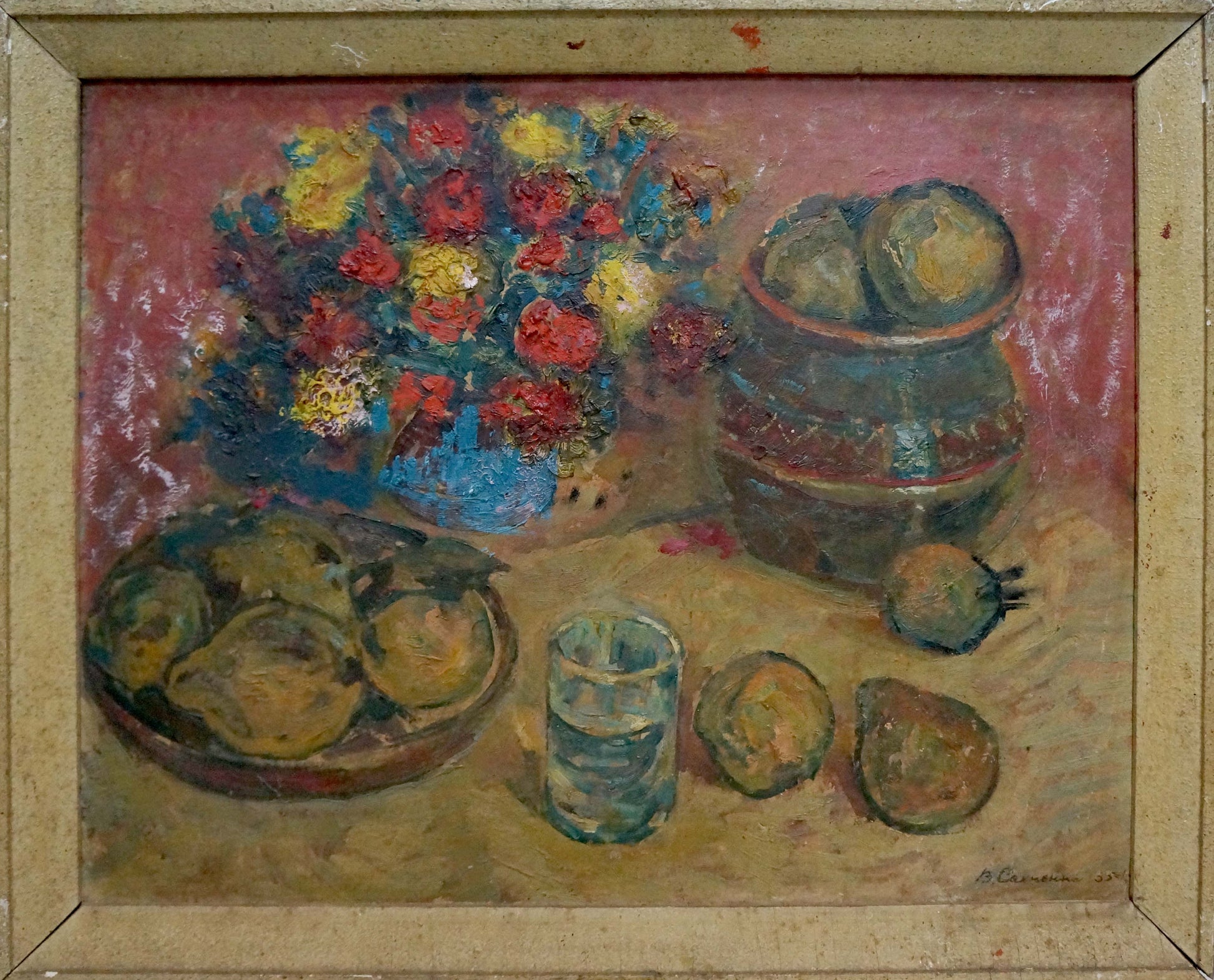 Oil painting The table is set by Sakhnenko Victor Ivanovich, vibrant floral arrangement in blue vase