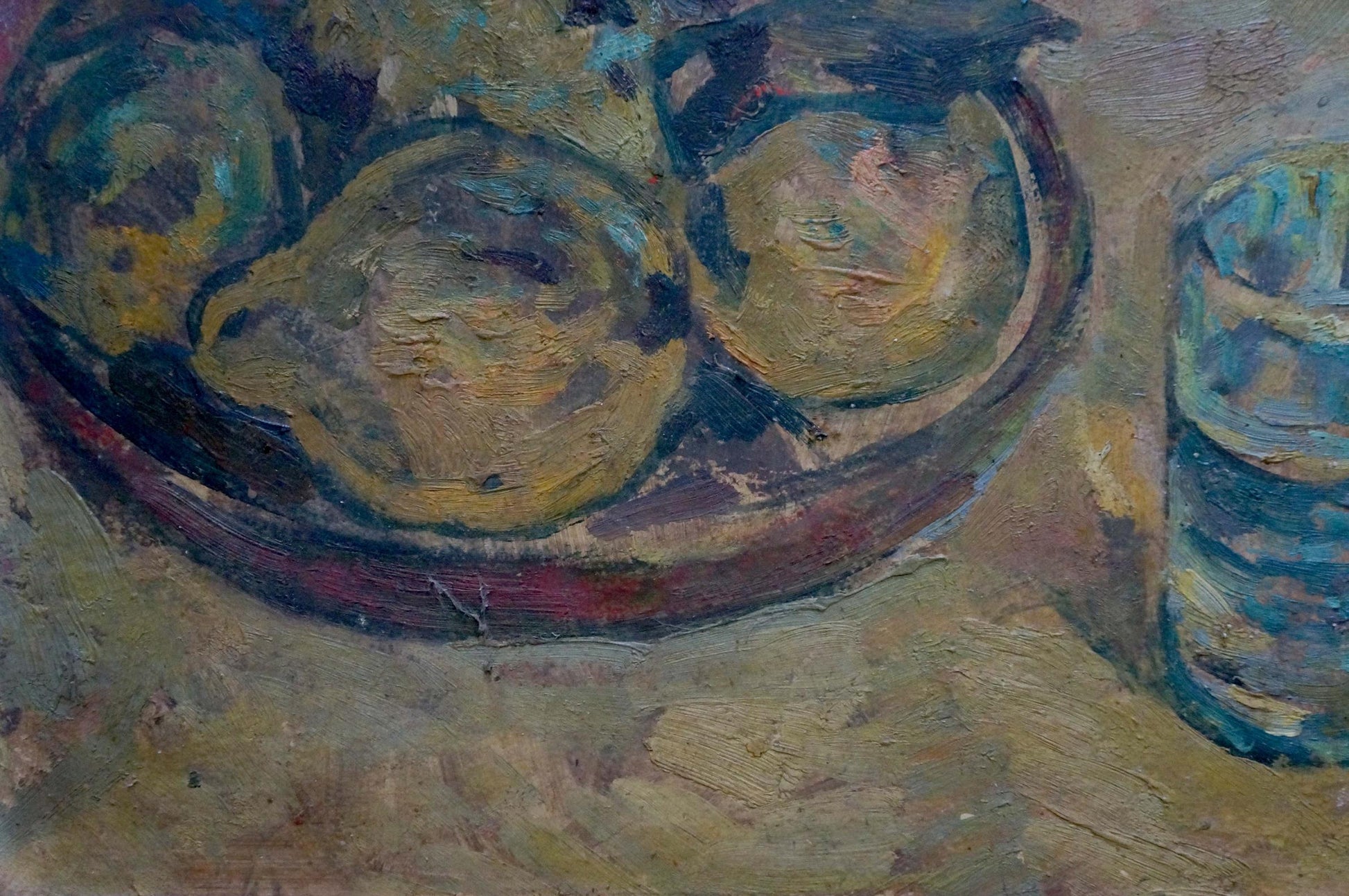 Oil painting The table is set by Sakhnenko Victor Ivanovich with yellowish-green fruits in bowl