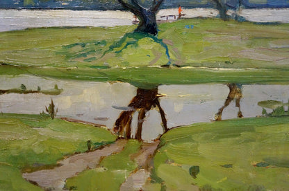 Oil painting Spring on the Dnieper by Petrov Georgy Petrovich, tree reflected in water