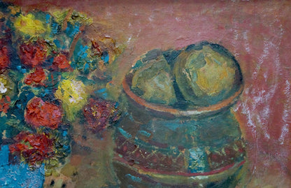 Oil painting The table is set by Sakhnenko Victor Ivanovich: textured green cabbages in rustic bowl