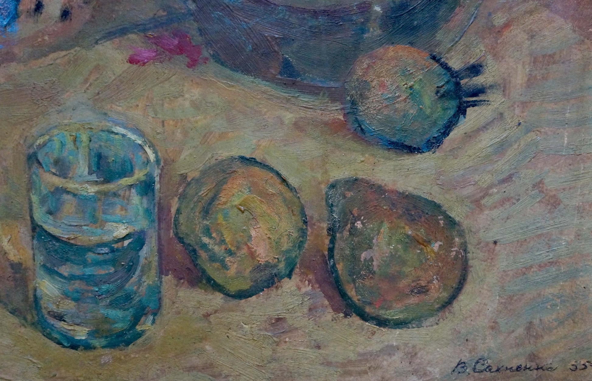 Impressionistic oil painting by Sakhnenko Victor Ivanovich of blue-tinted glass of water