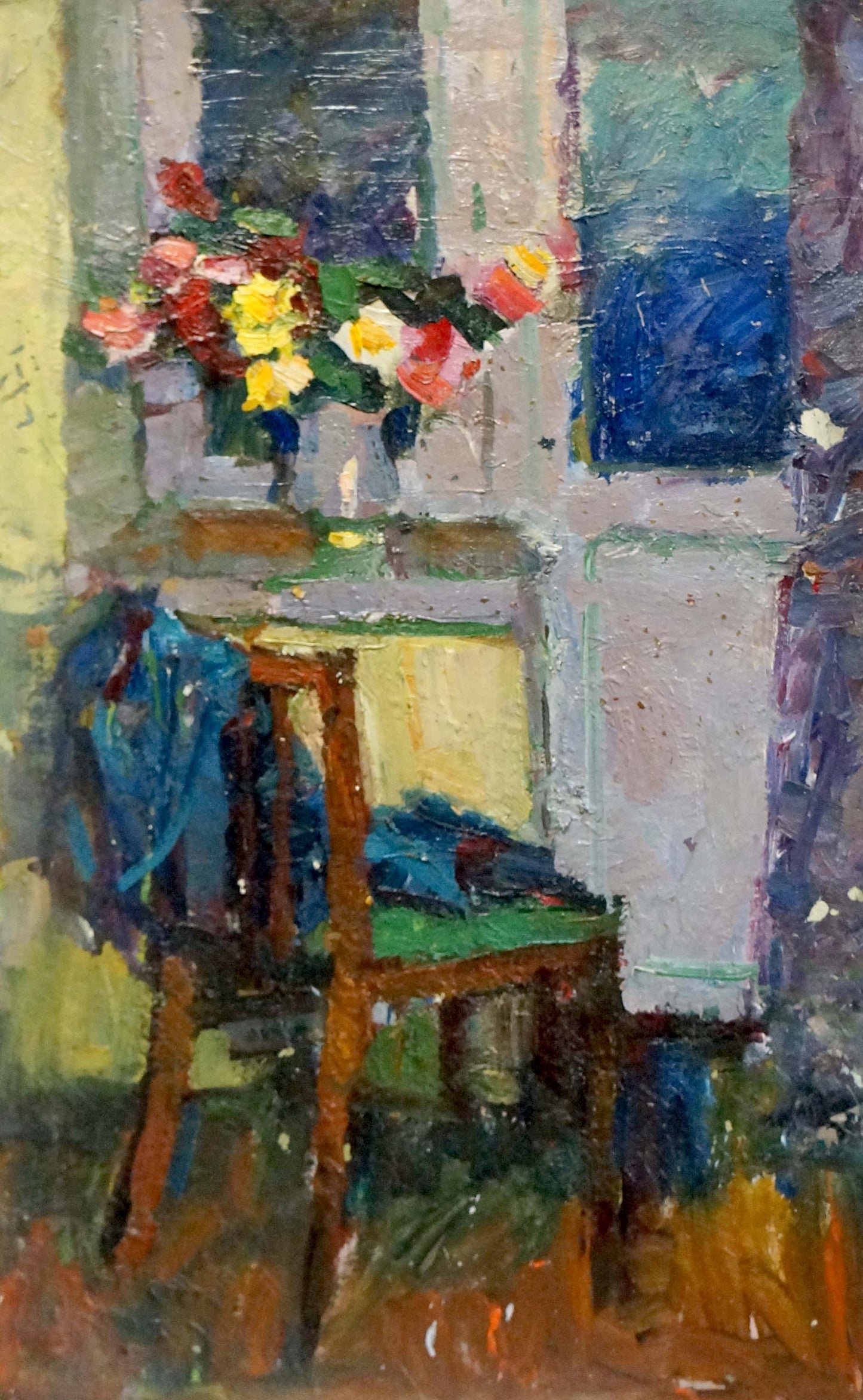 Oil painting Flowers on the windowsill with wooden chair, green seat, blue fabric on back