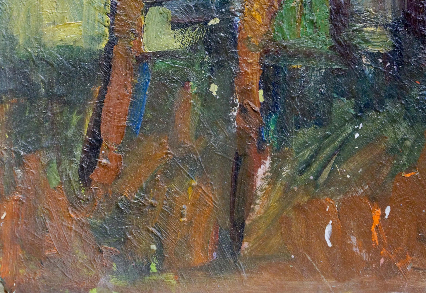 Textured oil painting of flowers on windowsill with tree trunks and foliage