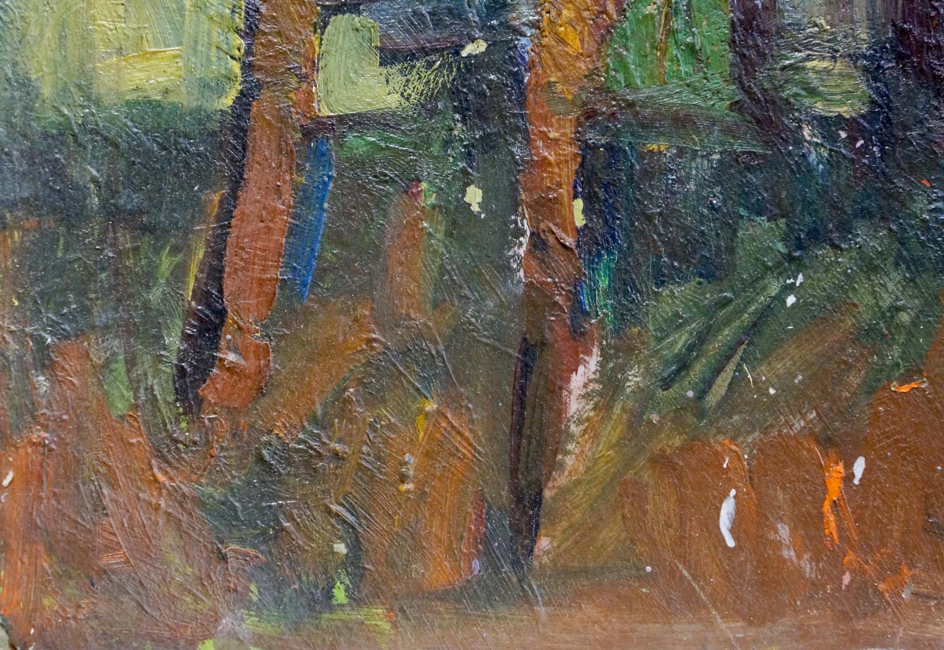 Textured oil painting of flowers on windowsill with tree trunks and foliage