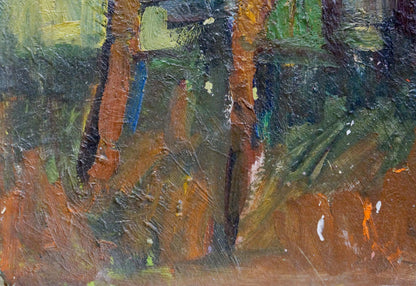 Textured oil painting of flowers on windowsill with tree trunks and foliage
