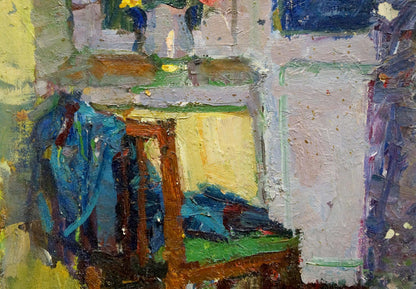 Oil painting of flowers on windowsill with textured wooden chair back and blue fabric