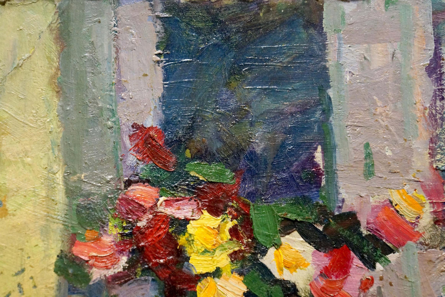 Vibrant oil painting of flowers on windowsill in bold reds, yellows, greens