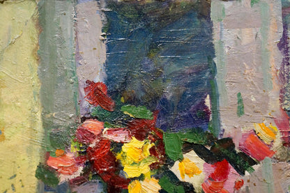 Vibrant oil painting of flowers on windowsill in bold reds, yellows, greens