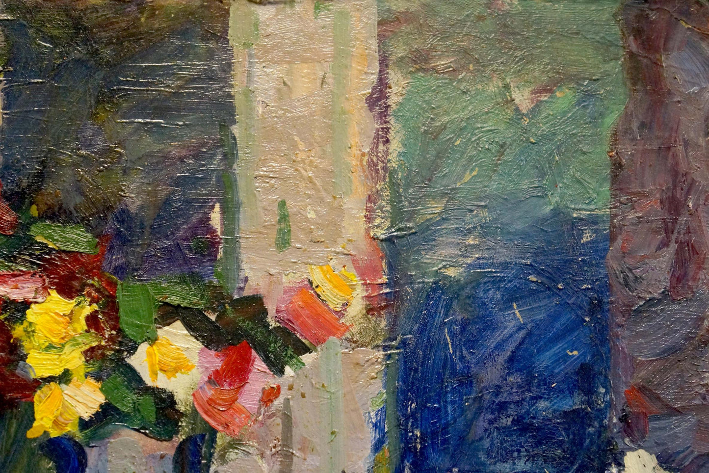 Vibrant impressionist oil painting of flowers on windowsill