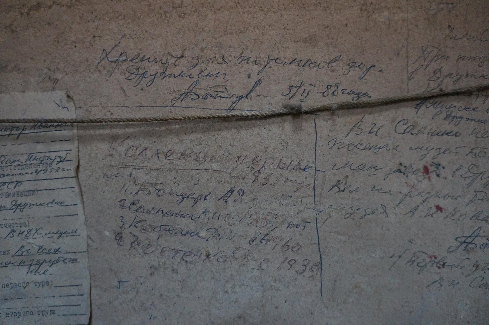 Back of oil painting The table is set by Sakhnenko Victor Ivanovich with thin metallic wire on Cyrillic script wall