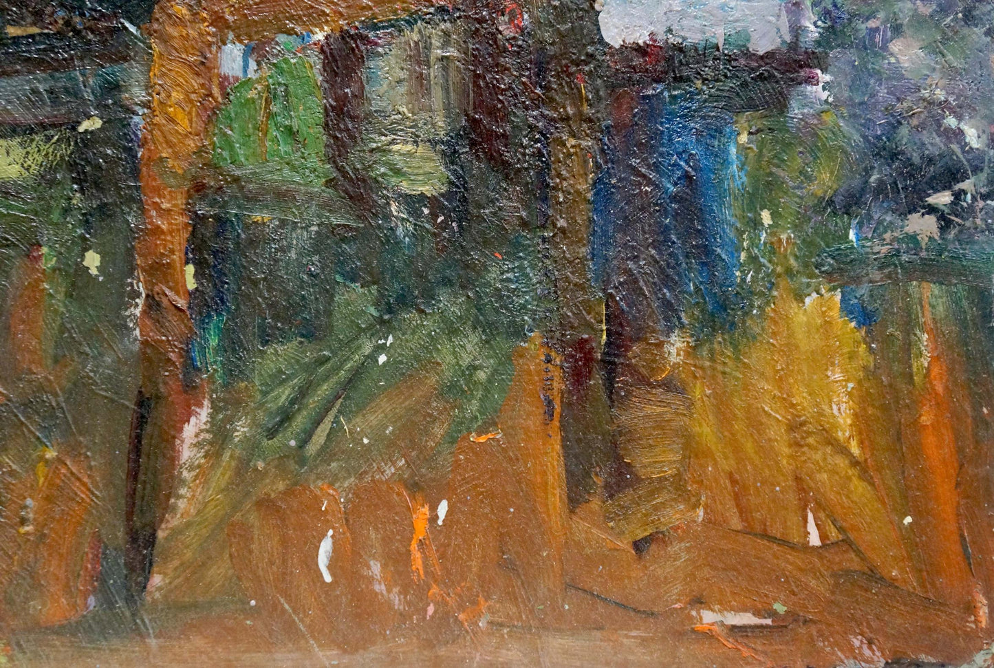 Abstract oil painting of flowers on windowsill in earthy browns, greens, blues