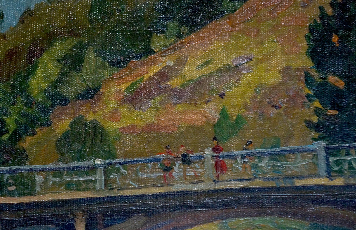 Oil painting by Sorokoletov Gavriil Vladimirovich: bridge with figures amid lush foliage