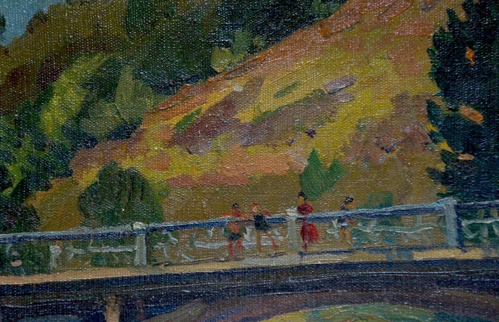Oil painting by Sorokoletov Gavriil Vladimirovich: bridge with figures amid lush foliage