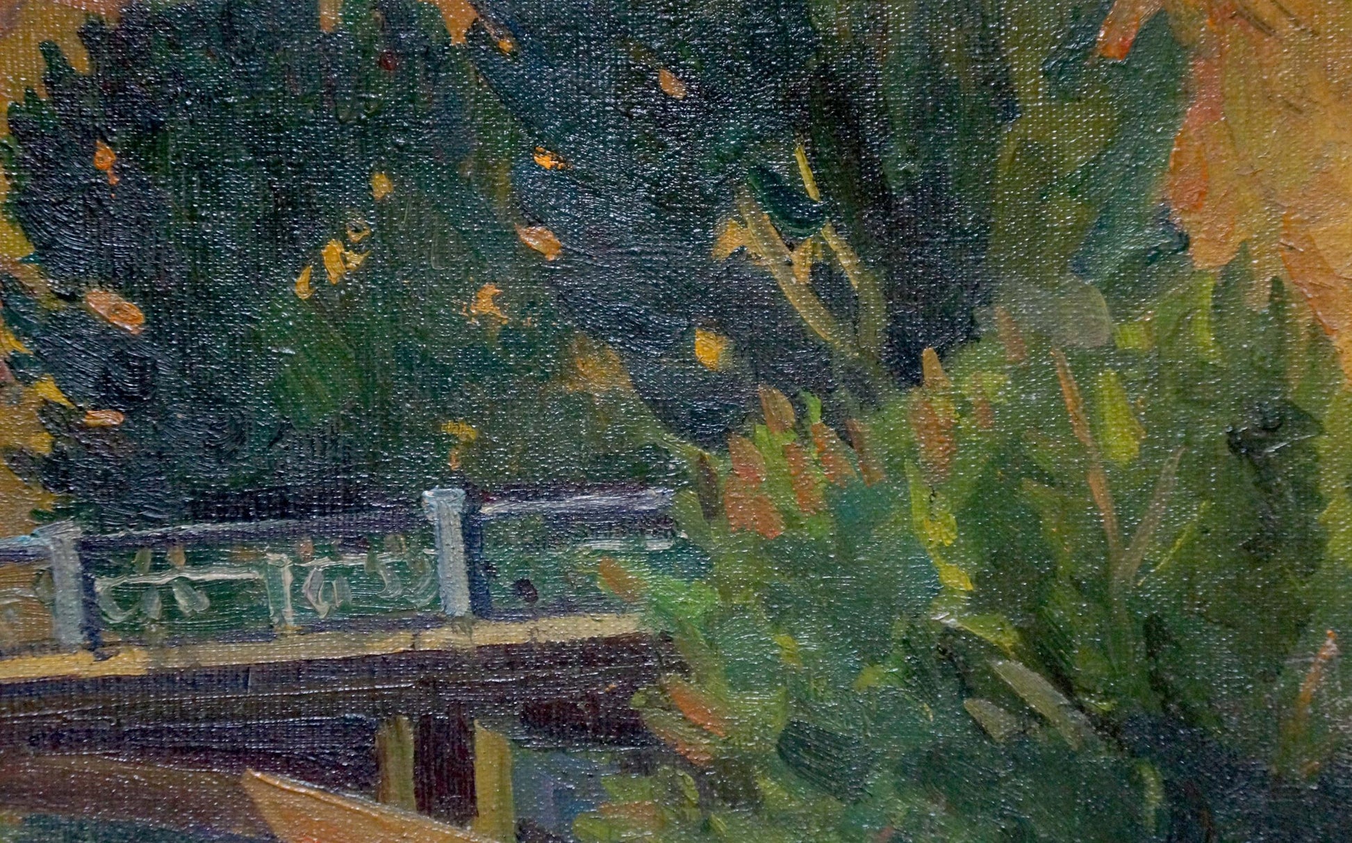 A textured oil painting depicts dense green foliage with hints of yellow and orange leaves, rendered in thick impasto strokes.