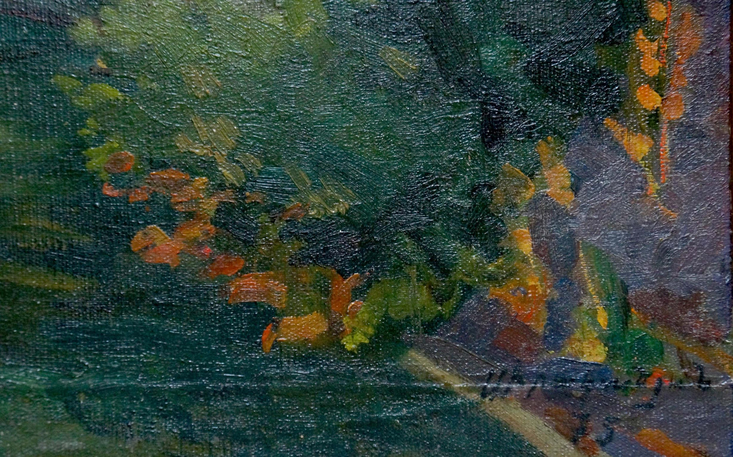 Oil painting of orange yellow flowers on dark foliage by Sorokoletov Gavriil Vladimirovich