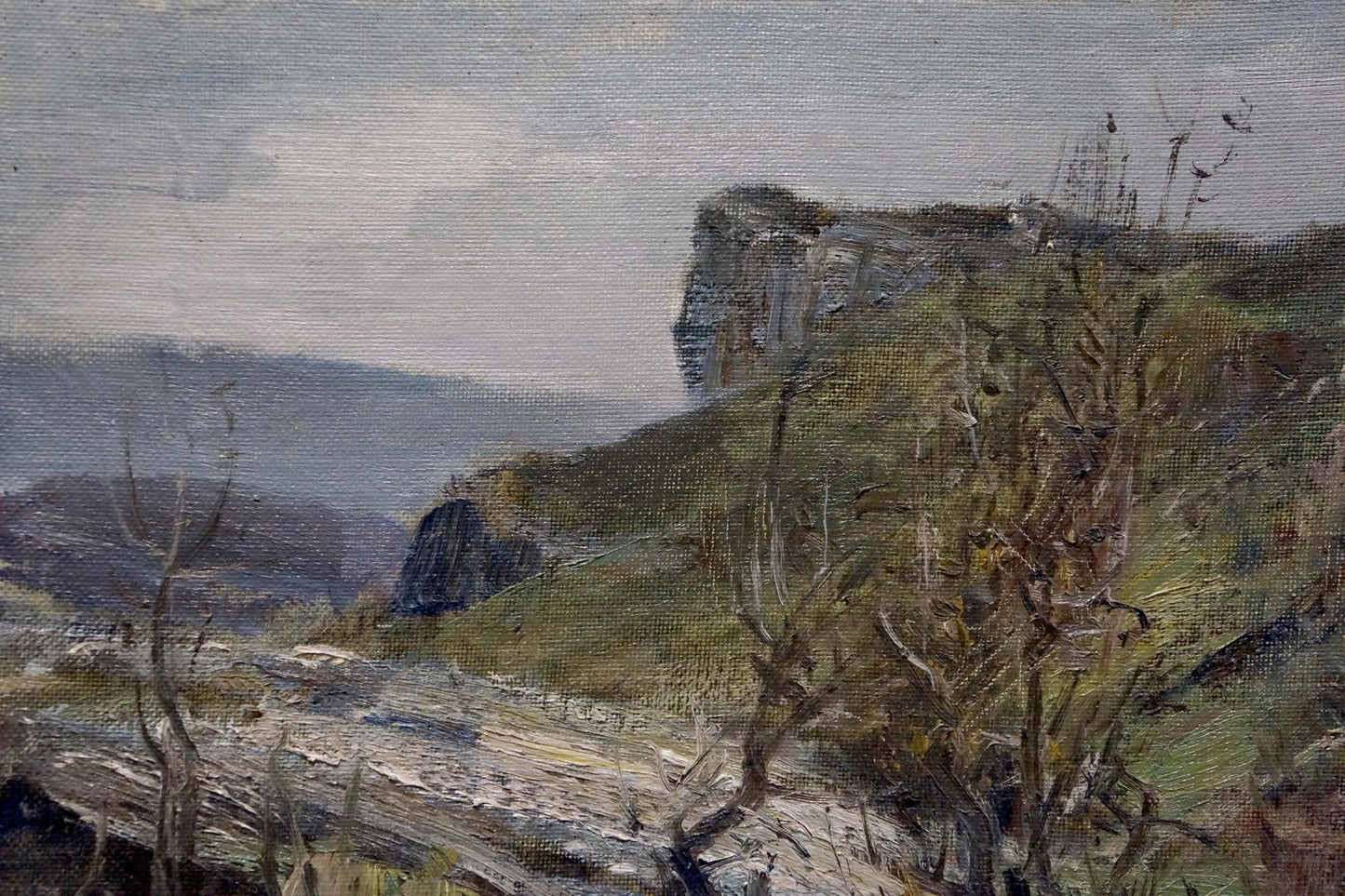 Oil painting Its a nasty day by Leshchenko Valentin Alekseevich misty rugged landscape