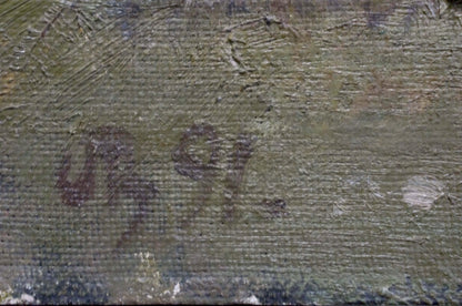 Back of oil painting It’s a nasty day by Leshchenko Valentin Alekseevich, textured greenish-gray surface